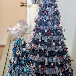 Handmade Denim  Christmas Trees with  Upcycled Copper Wire Decorations
